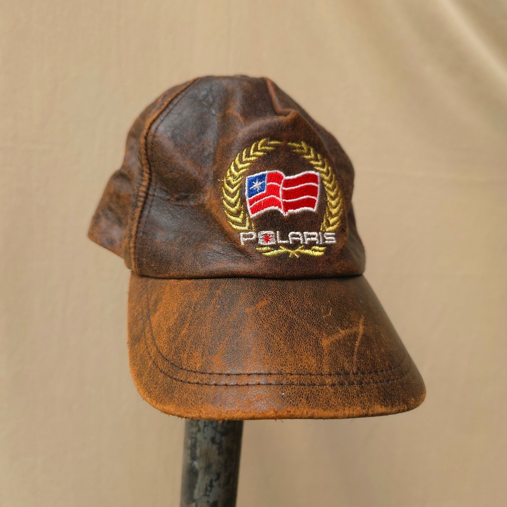 Vintage 90s Polaris Brown Leather Cap OSFA Made in USA Strapback Hat
